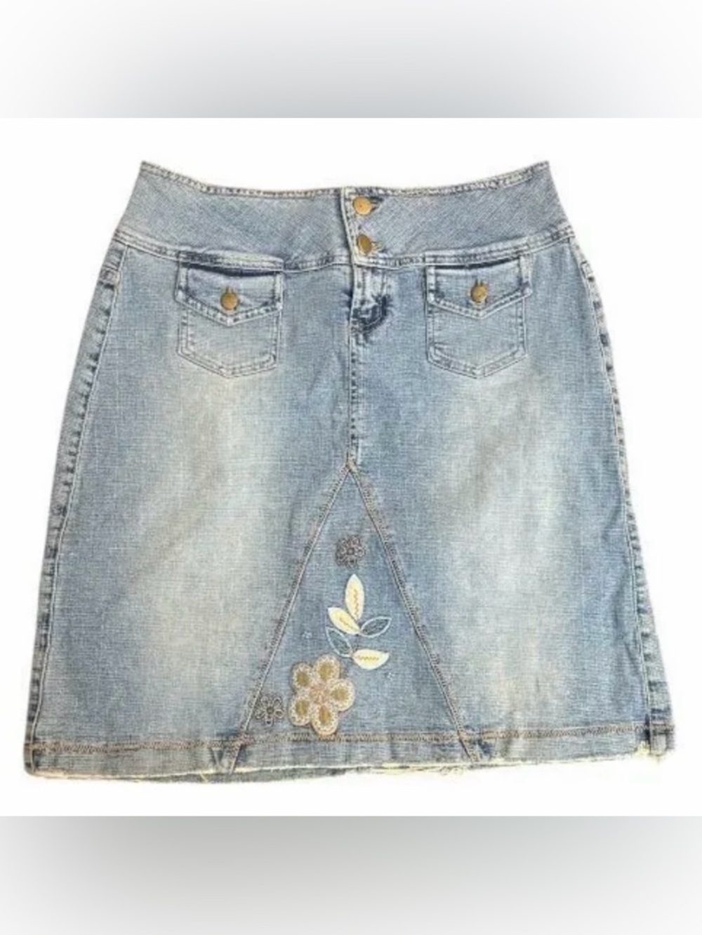 Y2K Sei Wu’s Denim Floral Embroidered Pencil Skirt